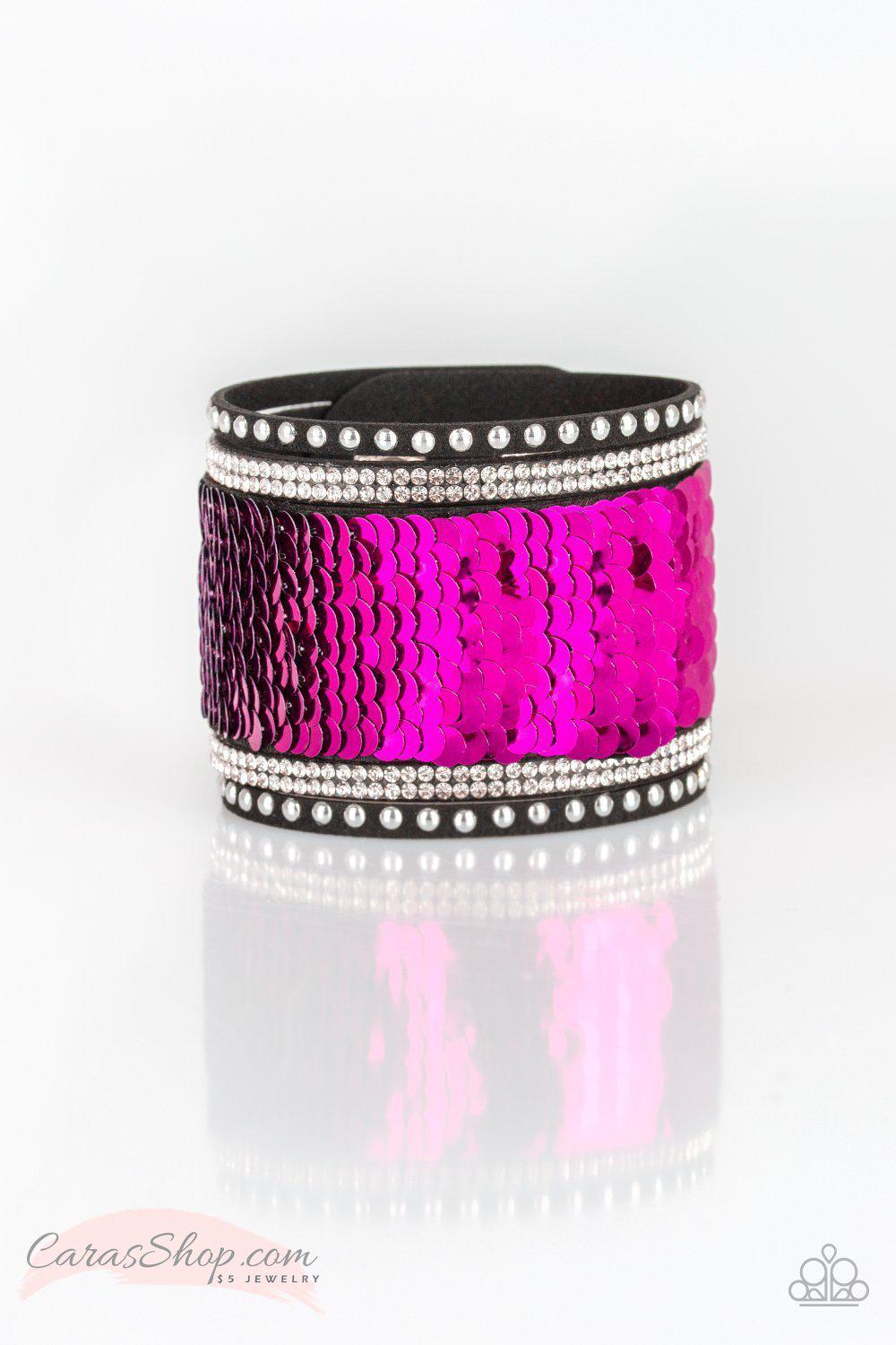 MERMAIDS Have More Fun Pink and Silver Reversible Sequin Wrap Snap Bracelet - Paparazzi Accessories-CarasShop.com - $5 Jewelry by Cara Jewels