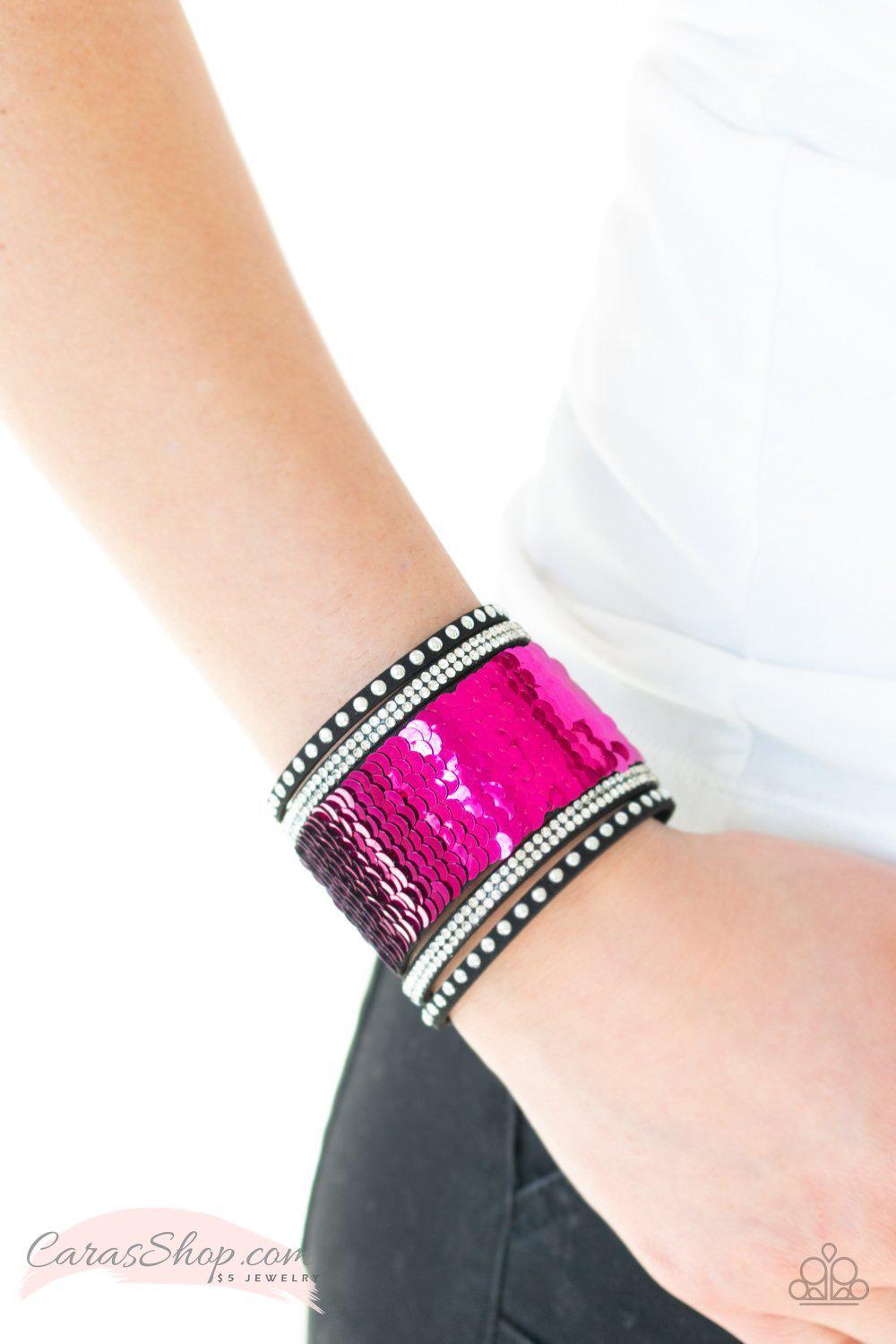 MERMAIDS Have More Fun Pink and Silver Reversible Sequin Wrap Snap Bracelet - Paparazzi Accessories-CarasShop.com - $5 Jewelry by Cara Jewels