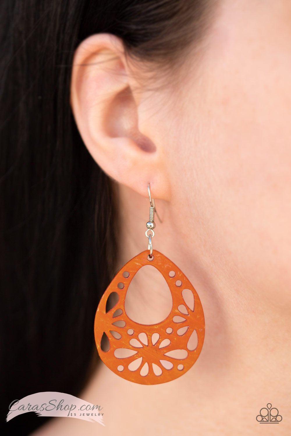 Merrily Marooned Orange Wood Earrings - Paparazzi Accessories-CarasShop.com - $5 Jewelry by Cara Jewels