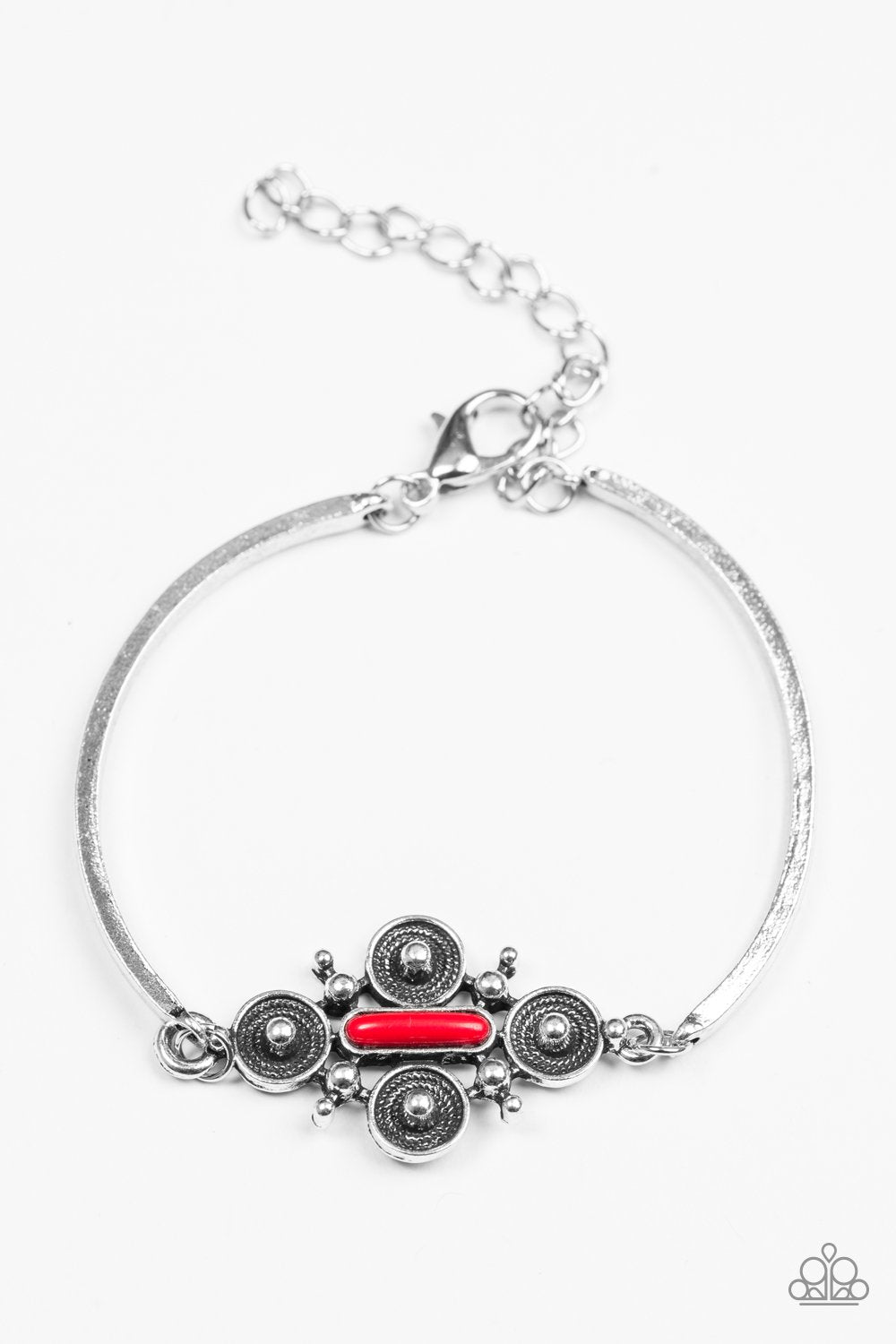 Mesa Flower Silver and Red Bracelet - Paparazzi Accessories-CarasShop.com - $5 Jewelry by Cara Jewels
