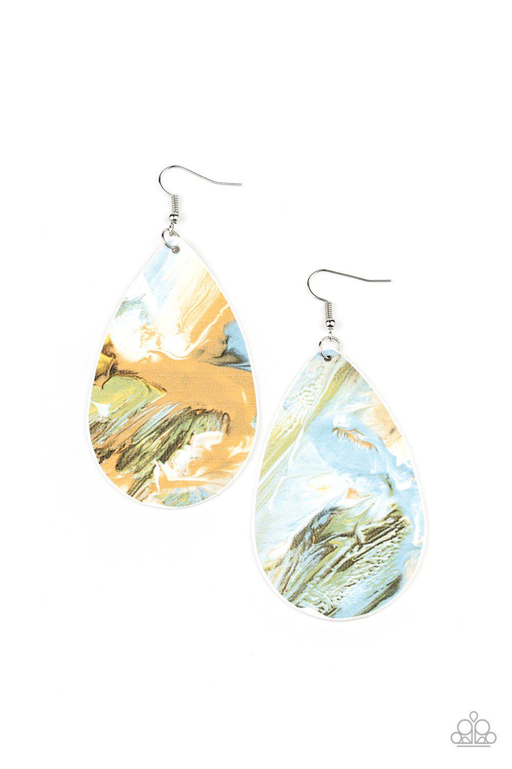 Mesmerizing Mosaic Multi Blue, Brown, Green and White Leather Teardrop Earrings - Paparazzi Accessories-CarasShop.com - $5 Jewelry by Cara Jewels