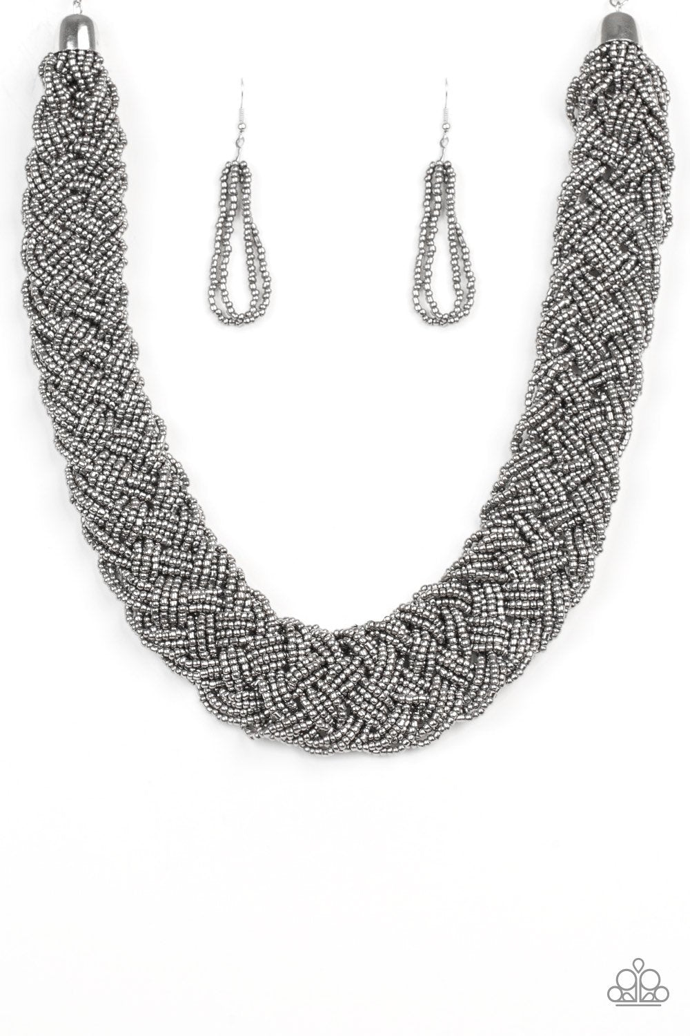 Mesmerizingly Mesopotamia Gunmetal Seed Bead Necklace and matching Earrings - Paparazzi Accessories-CarasShop.com - $5 Jewelry by Cara Jewels