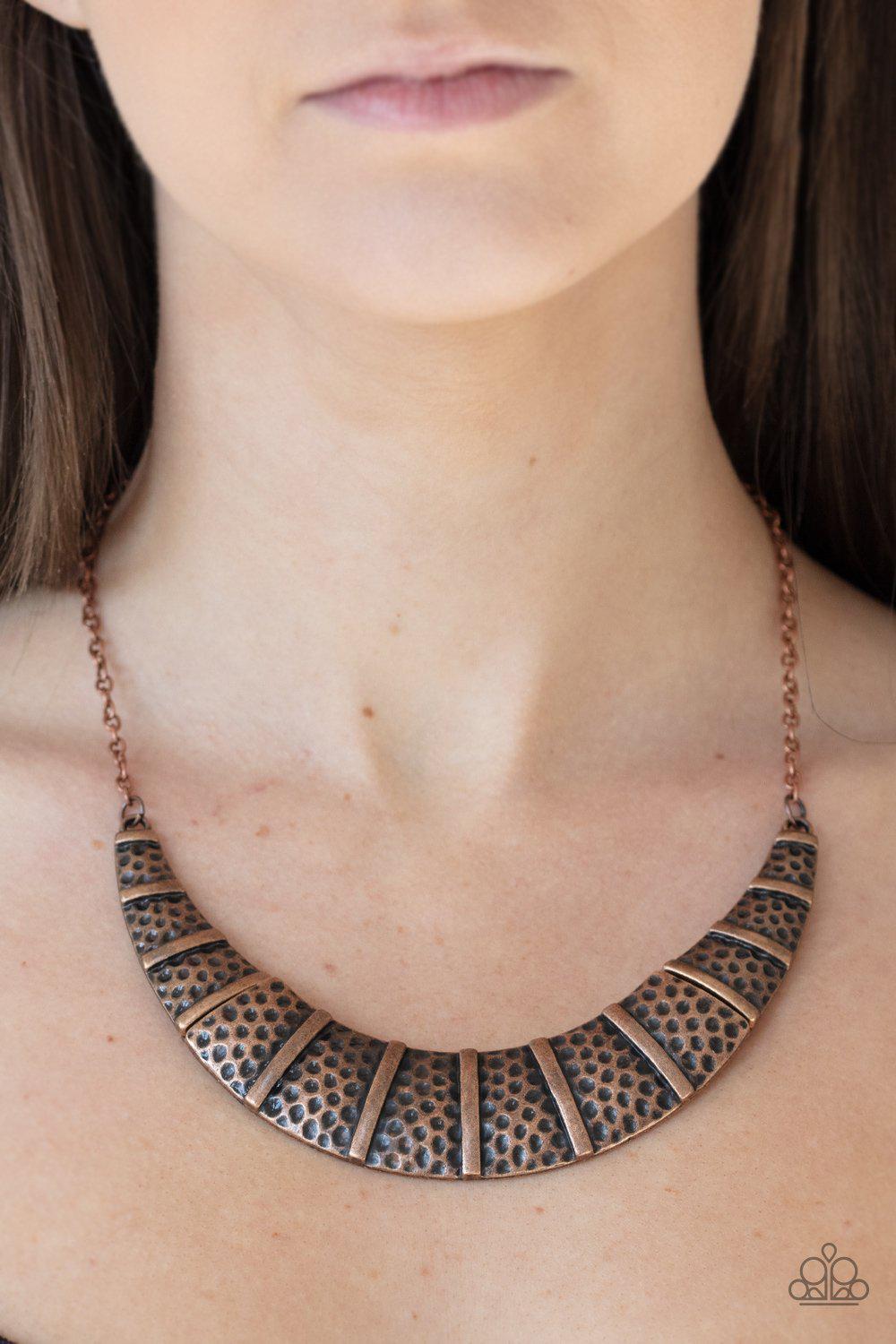 Metallic Mechanics Copper Necklace - Paparazzi Accessories - model -CarasShop.com - $5 Jewelry by Cara Jewels