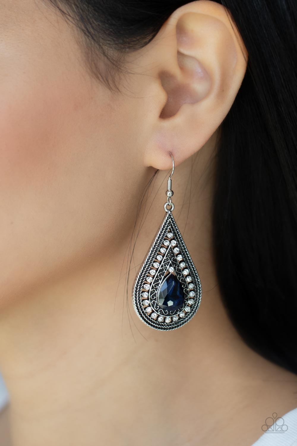 Metro Masquerade Blue Gem Earrings - Paparazzi Accessories-on model - CarasShop.com - $5 Jewelry by Cara Jewels
