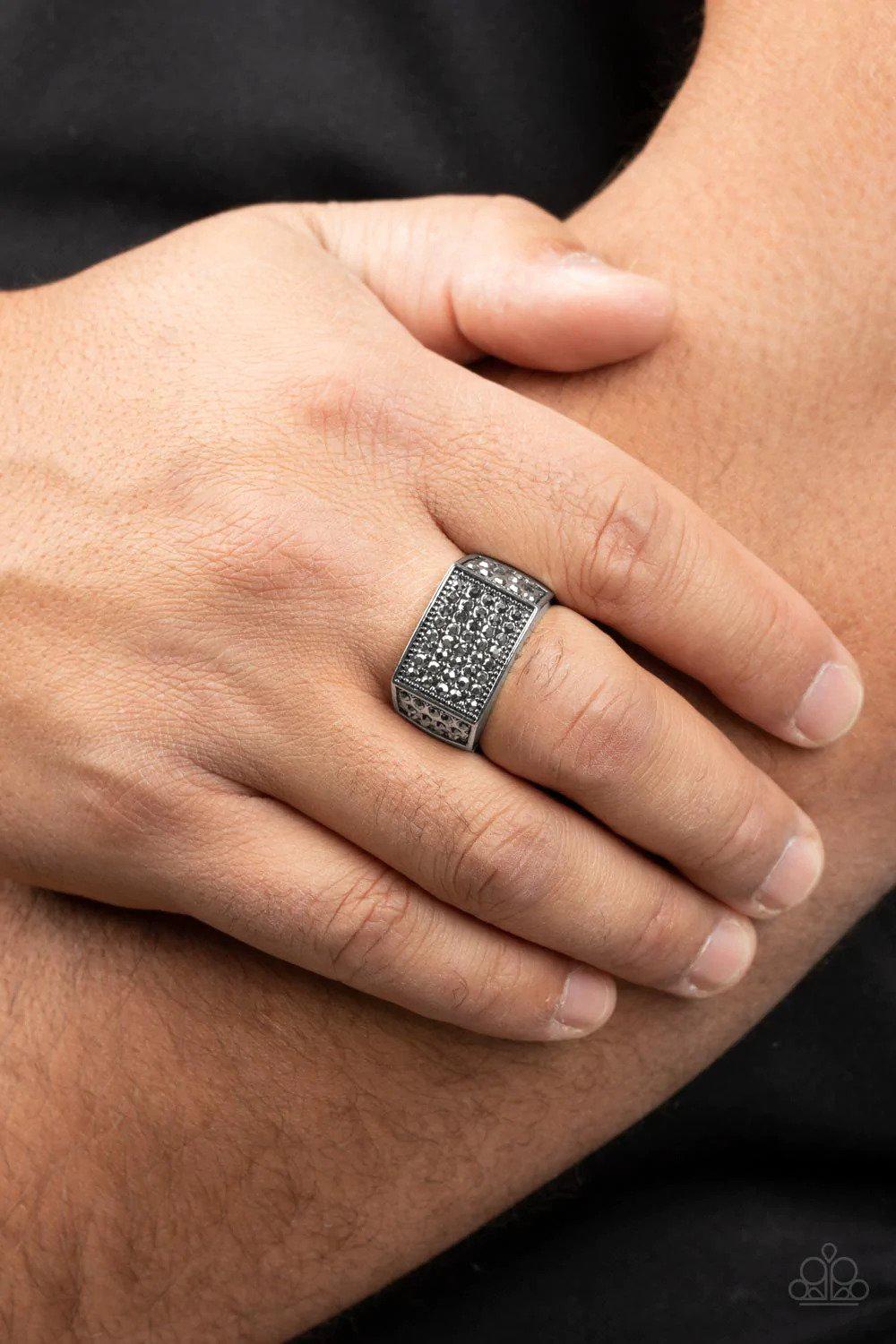 Metro Merger Men&#39;s Silver &amp; Hematite Ring - Paparazzi Accessories- on model - CarasShop.com - $5 Jewelry by Cara Jewels