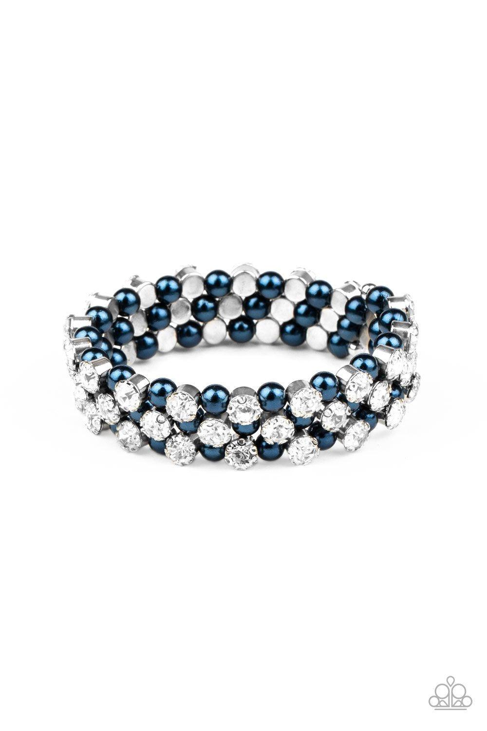 Metro Motif Blue Pearl and White Rhinestone Wire Wrap Bracelet - Paparazzi Accessories-CarasShop.com - $5 Jewelry by Cara Jewels
