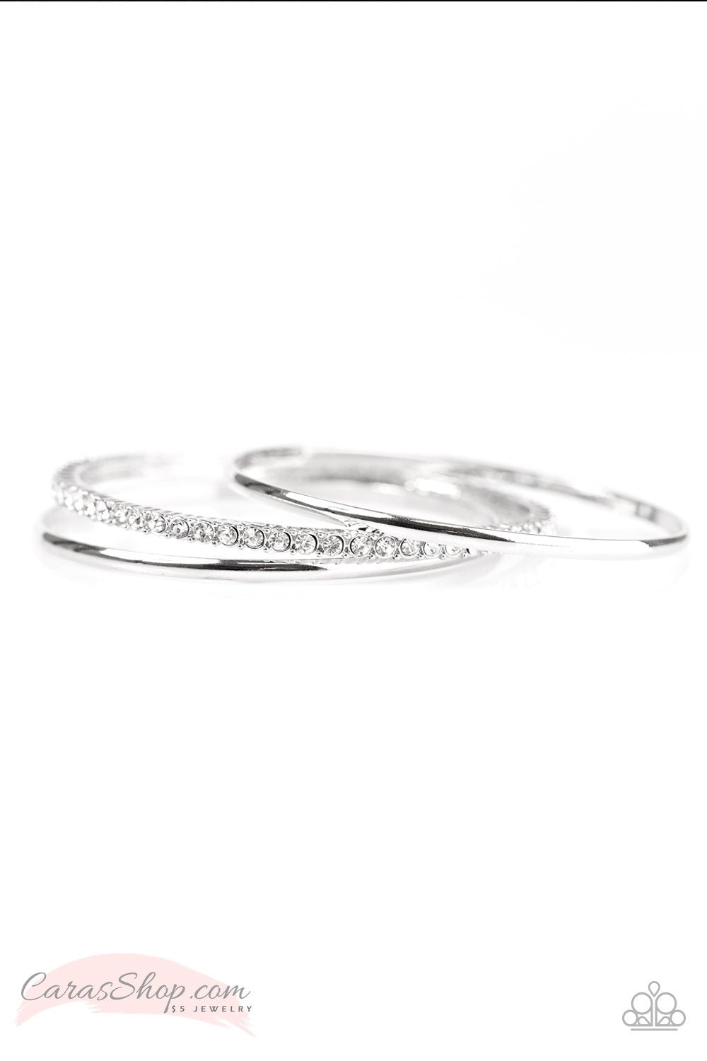 Metro-politan White Rhinestone and Silver Bangle Bracelet Set - Paparazzi Accessories-CarasShop.com - $5 Jewelry by Cara Jewels