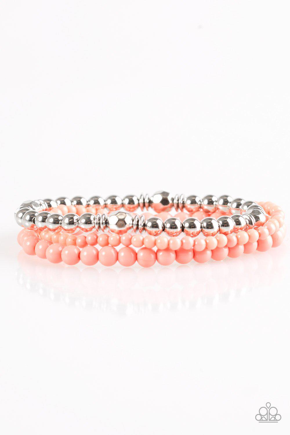 Midsummer Marvel Coral and Silver Bracelet Set - Paparazzi Accessories-CarasShop.com - $5 Jewelry by Cara Jewels