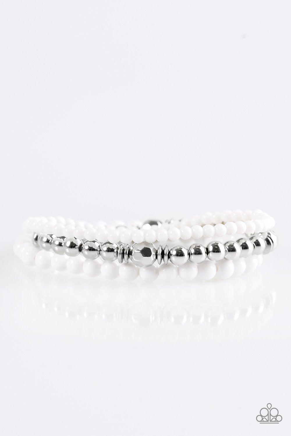 Midsummer Marvel White and Silver Stretch Bracelet Set - Paparazzi Accessories-CarasShop.com - $5 Jewelry by Cara Jewels