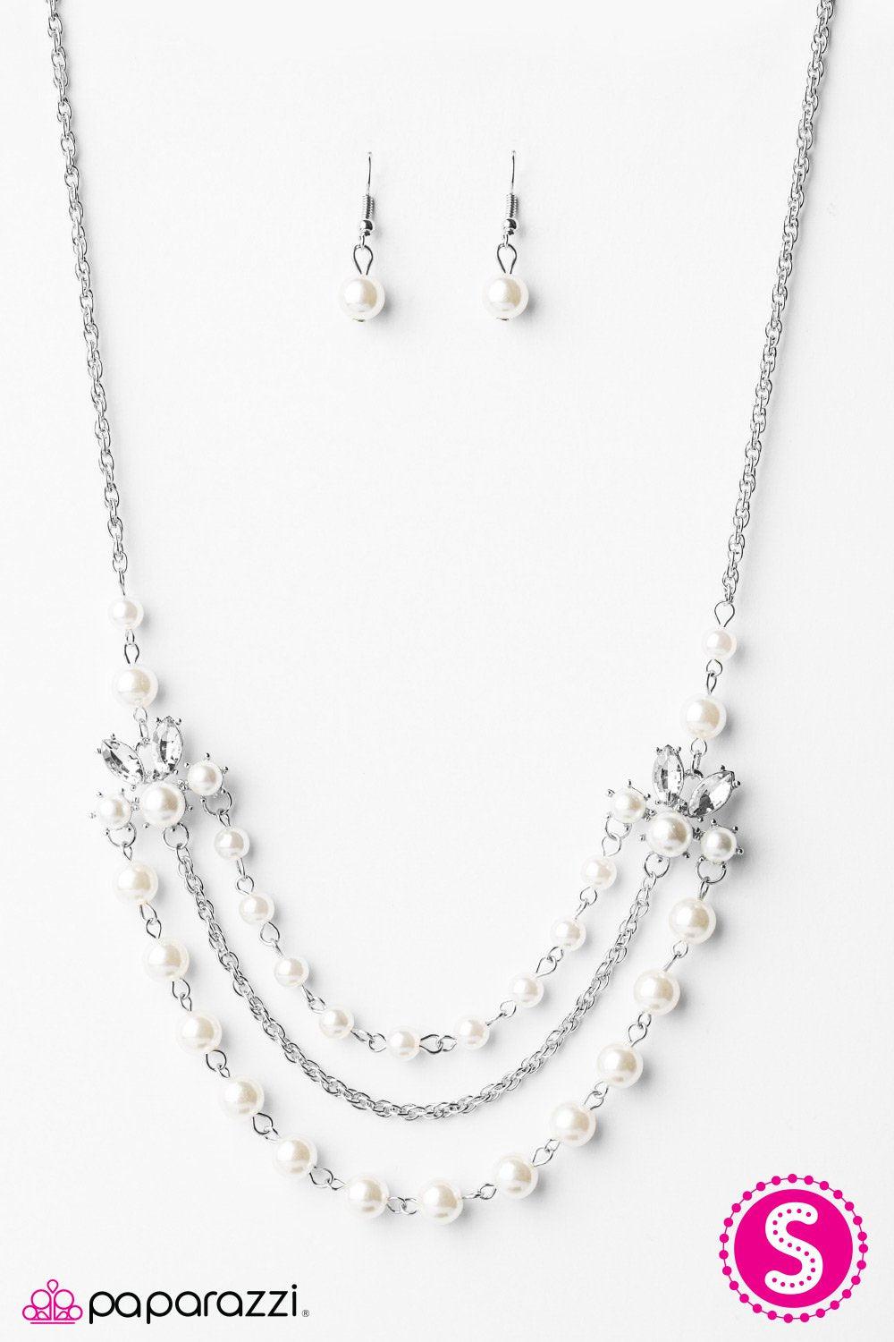 Miss Magnificent White Pearl Necklace and matching Earrings - Paparazzi Accessories-CarasShop.com - $5 Jewelry by Cara Jewels