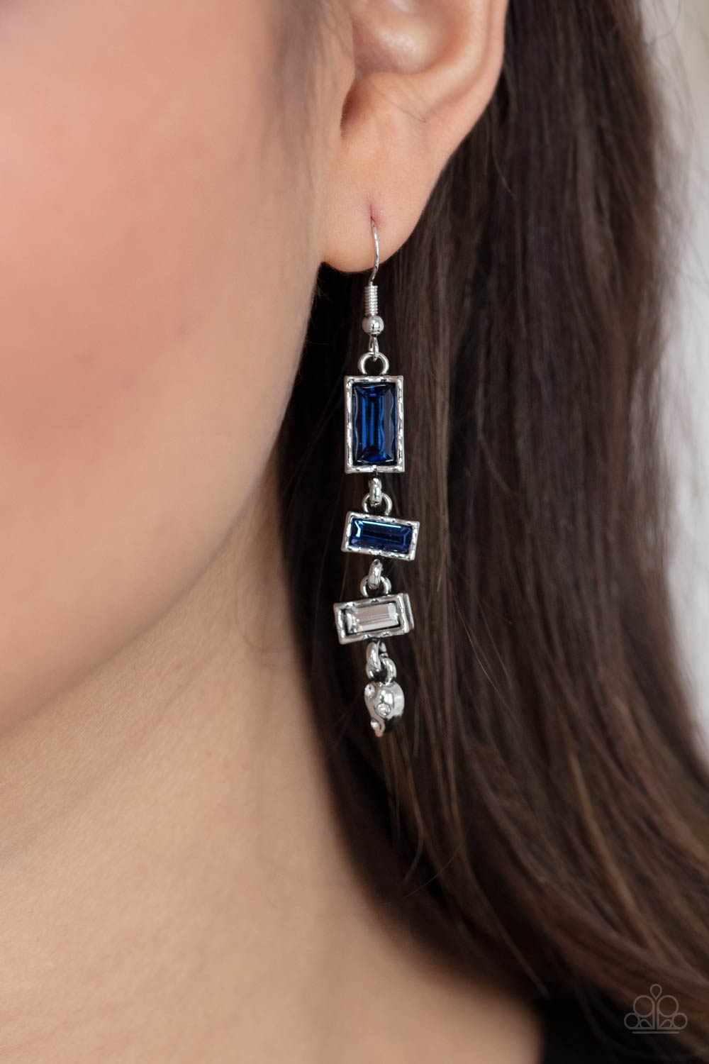 Modern Day Artifact Blue and White Rhinestone Earrings - Paparazzi Accessories- model - CarasShop.com - $5 Jewelry by Cara Jewels