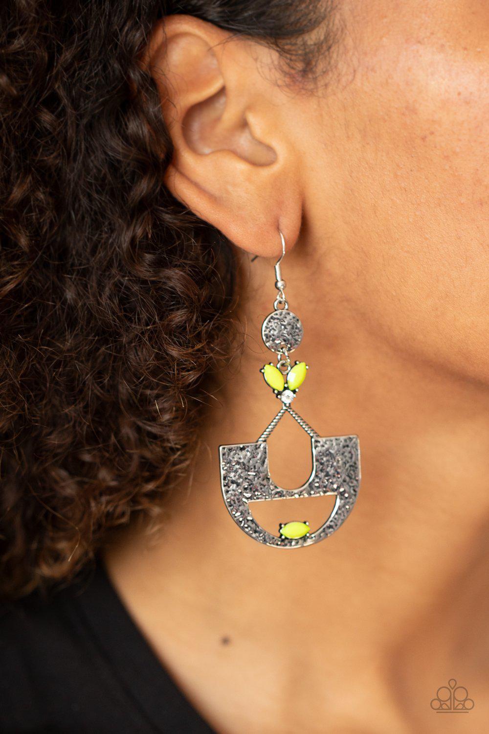 Modern Day Mecca Yellow and Silver Earrings - Paparazzi Accessories - model -CarasShop.com - $5 Jewelry by Cara Jewels