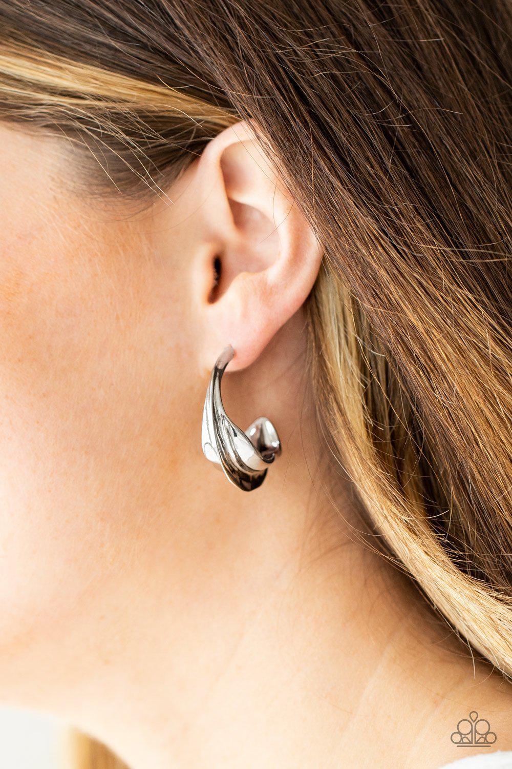 Modern Meltdown Silver Hoop Earrings - Paparazzi Accessories- model - CarasShop.com - $5 Jewelry by Cara Jewels