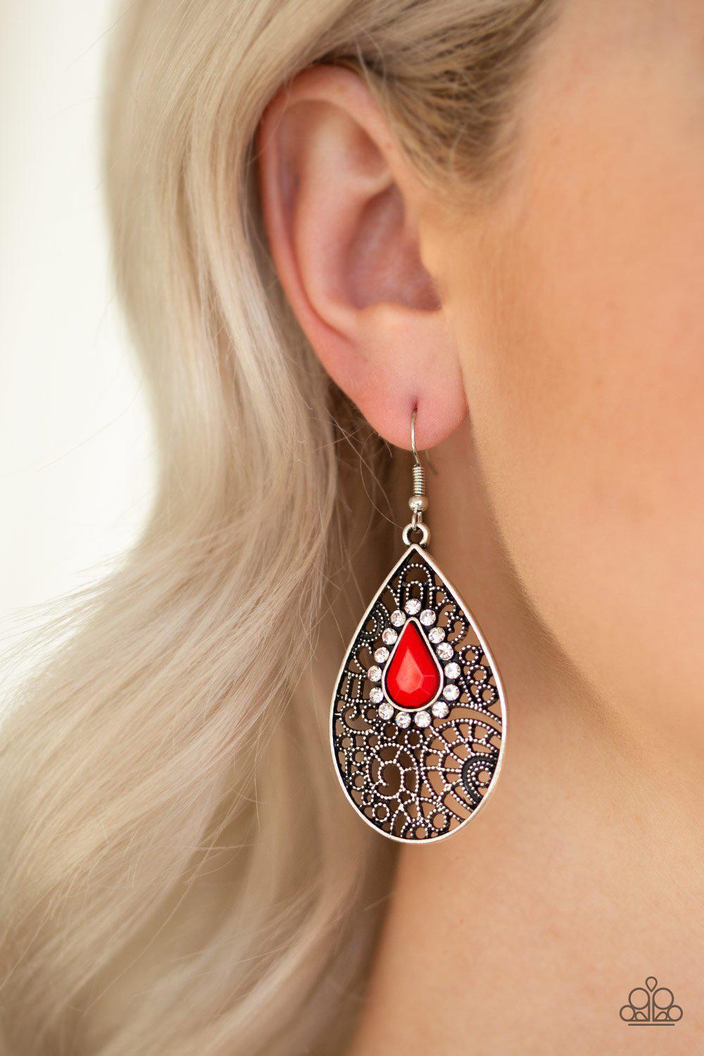 Modern Monte Carlo Red Teardrop Earrings - Paparazzi Accessories-CarasShop.com - $5 Jewelry by Cara Jewels