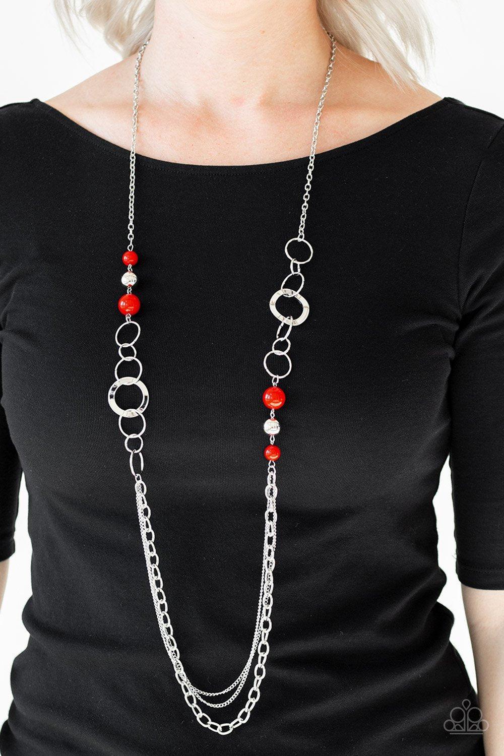 Modern Motley Red Necklace - Paparazzi Accessories - model -CarasShop.com - $5 Jewelry by Cara Jewels