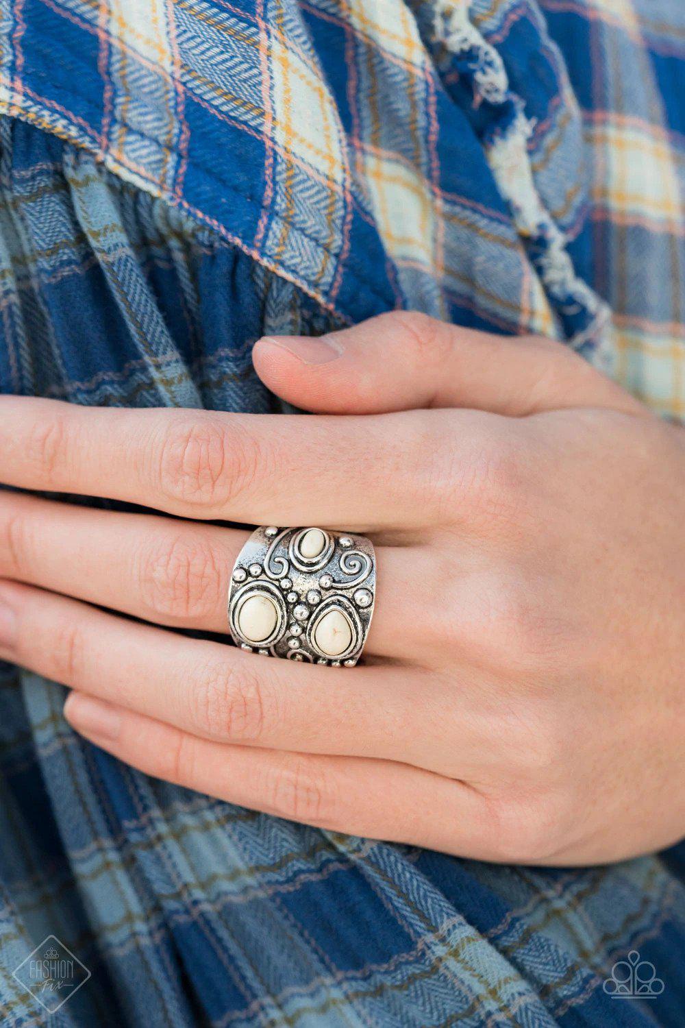 Modern Mountain Ranger White Ring - Paparazzi Accessories- on model - CarasShop.com - $5 Jewelry by Cara Jewels