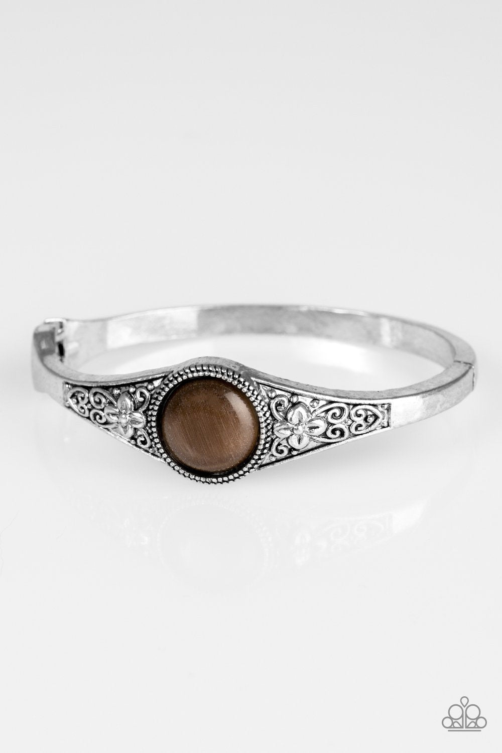 Modernly Meadow Silver and Brown Moonstone Hinged Bangle Bracelet - Paparazzi Accessories-CarasShop.com - $5 Jewelry by Cara Jewels