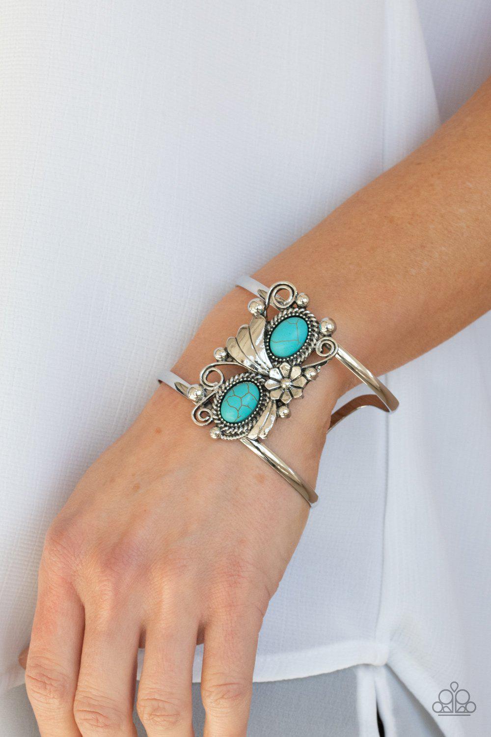 Mojave Flower Girl Turquoise Blue Stone Flower Cuff Bracelet - Paparazzi Accessories- model - CarasShop.com - $5 Jewelry by Cara Jewels