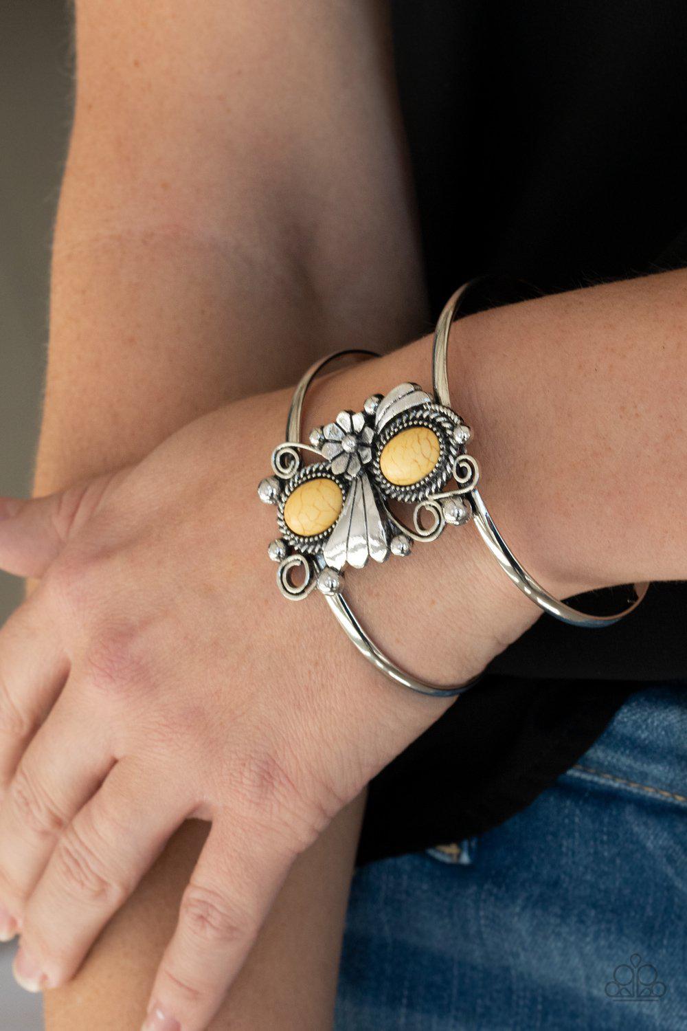 Mojave Flower Girl Yellow Stone Cuff Bracelet - Paparazzi Accessories - model -CarasShop.com - $5 Jewelry by Cara Jewels