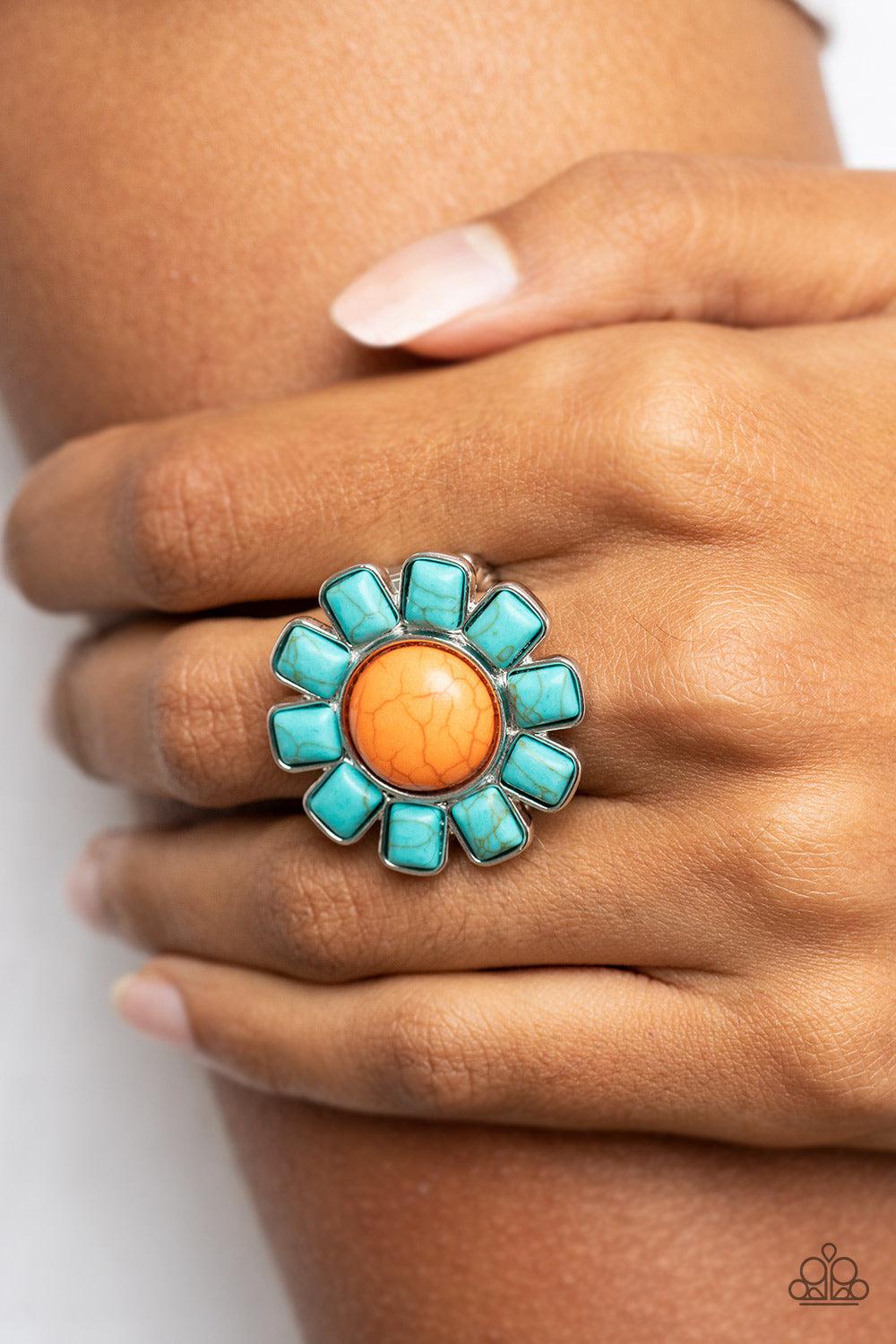 Mojave Marigold Orange &amp; Turquoise Blue Stone Ring - Paparazzi Accessories-on model - CarasShop.com - $5 Jewelry by Cara Jewels