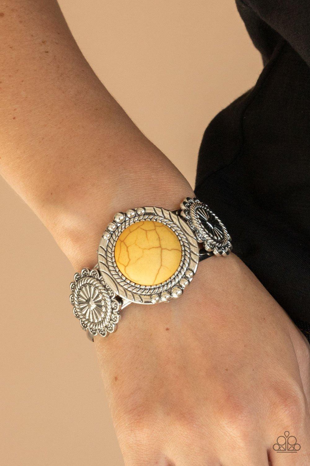 Mojave Motif Yellow Stone Cuff Bracelet - Paparazzi Accessories- model - CarasShop.com - $5 Jewelry by Cara Jewels