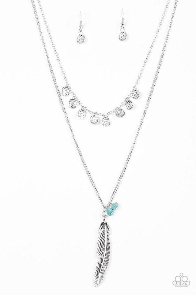 Mojave Musical Silver and Turquoise Blue Stone Feather Necklace - Paparazzi Accessories-CarasShop.com - $5 Jewelry by Cara Jewels
