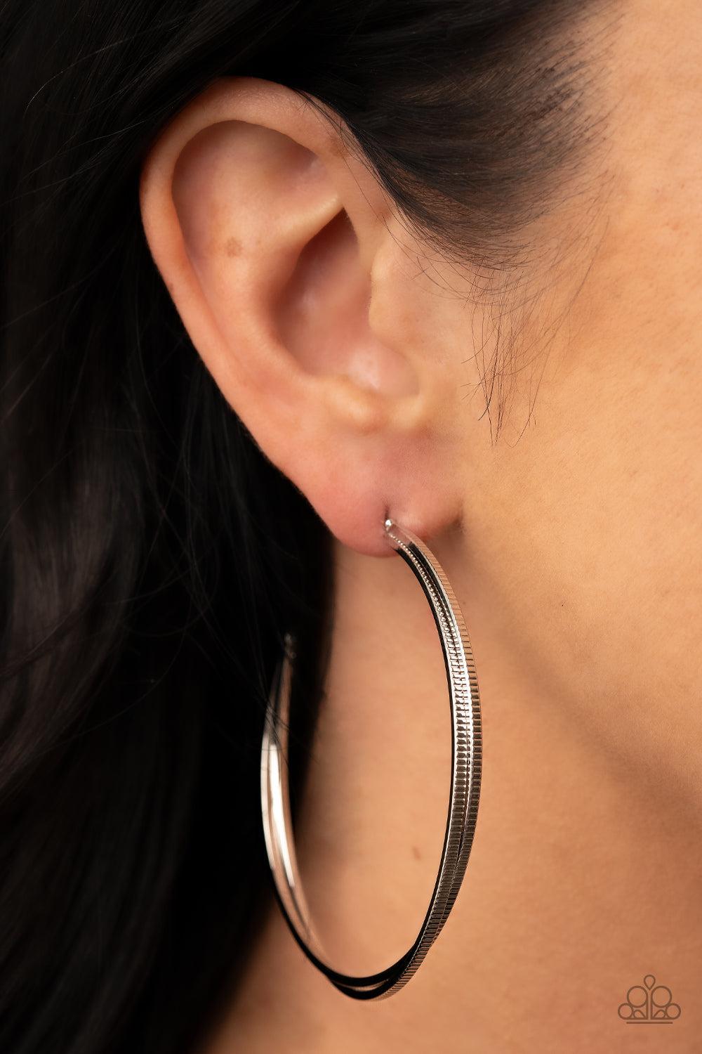 Monochromatic Curves Silver Hoop Earrings - Paparazzi Accessories-on model - CarasShop.com - $5 Jewelry by Cara Jewels