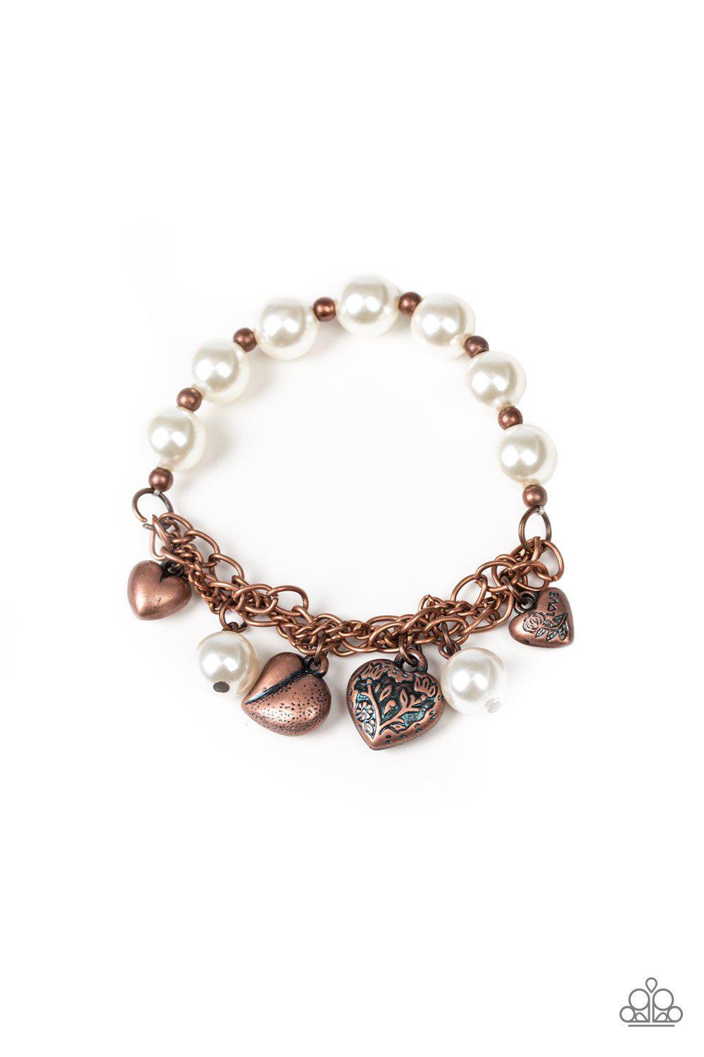More Amour Copper and Pearl Heart Bracelet - Paparazzi Accessories-CarasShop.com - $5 Jewelry by Cara Jewels
