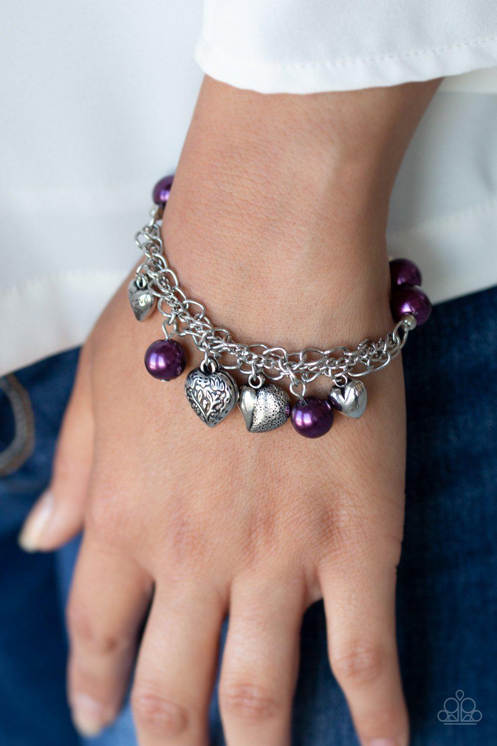 More Amour Purple and Silver Heart Stretch Bracelet - Paparazzi Accessories-CarasShop.com - $5 Jewelry by Cara Jewels