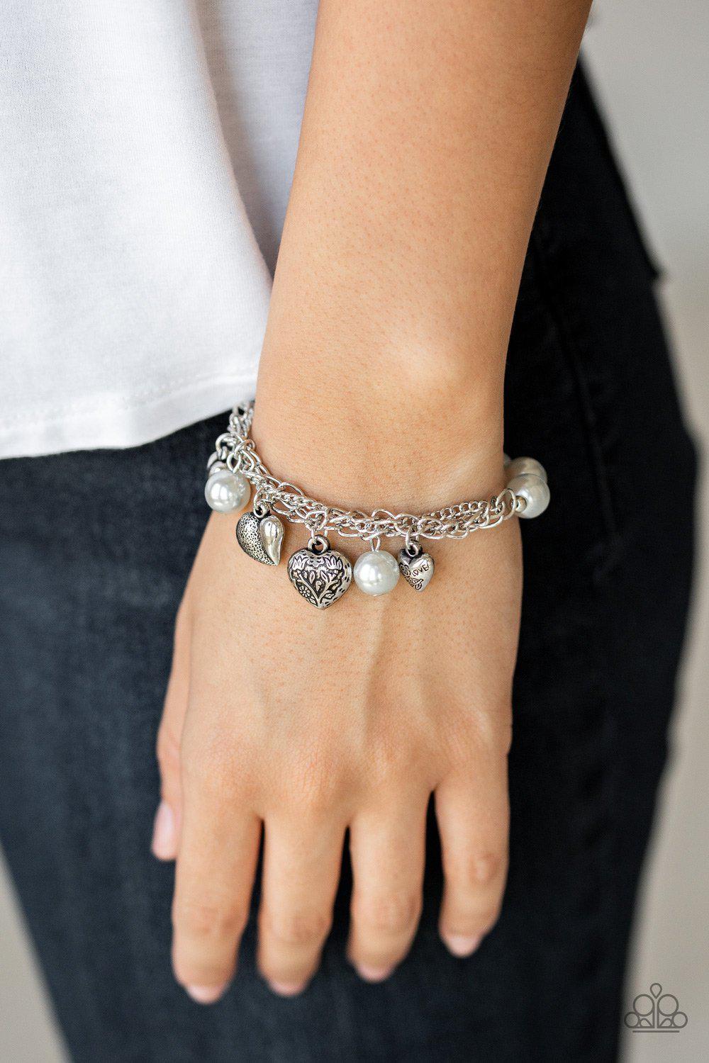 More Amour Silver Heart Stretch Bracelet - Paparazzi Accessories-CarasShop.com - $5 Jewelry by Cara Jewels