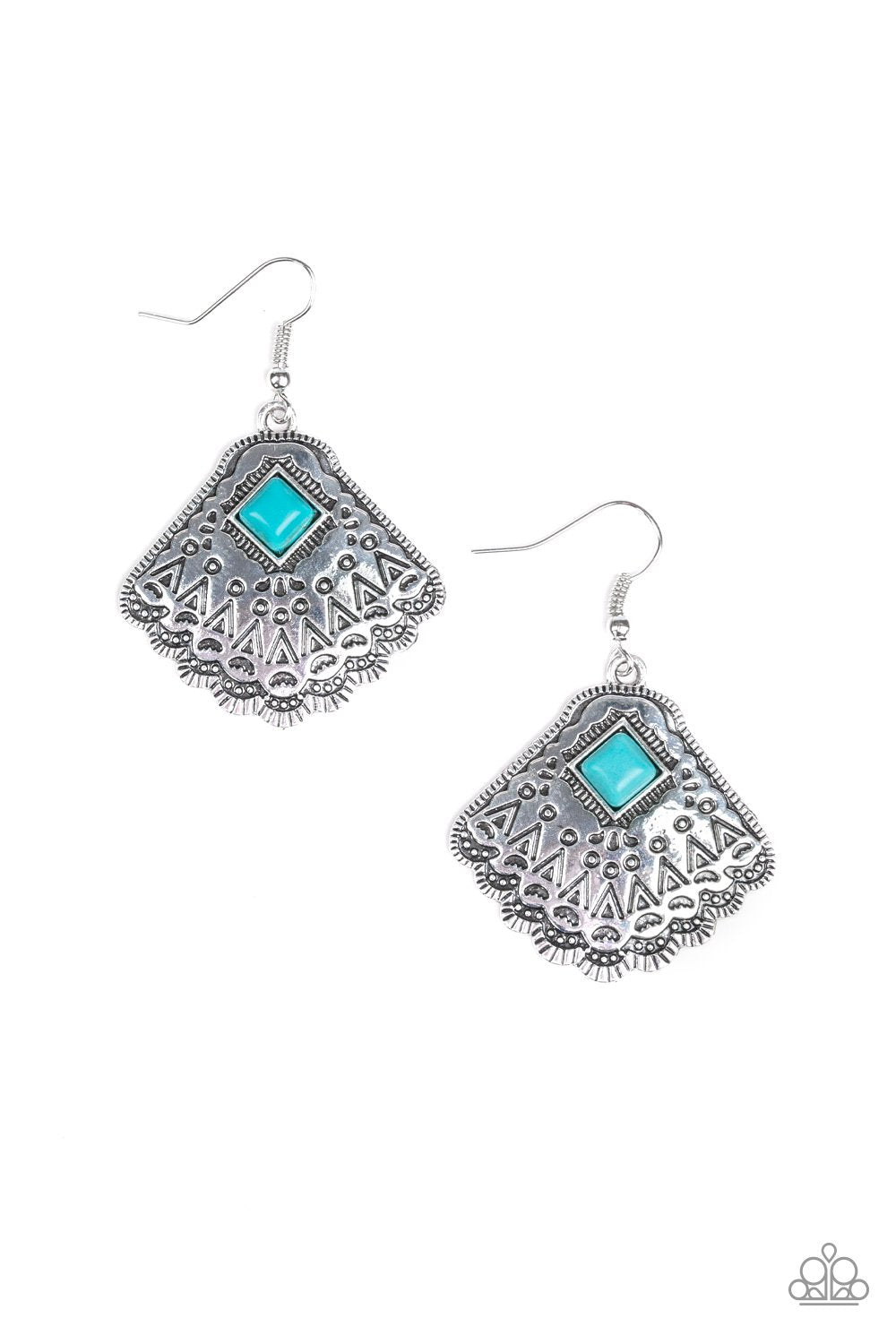 Mountain Mesa Silver and Turquoise Blue Stone Earrings - Paparazzi Accessories-CarasShop.com - $5 Jewelry by Cara Jewels