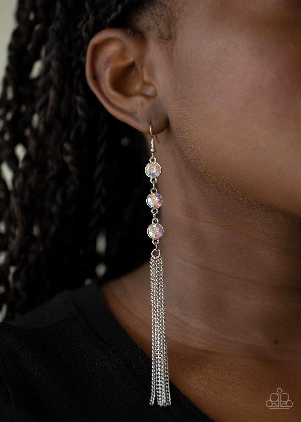 Moved To TIERS Multi-color Iridescent Rhinestone Tassel Earrings - Paparazzi Accessories - model -CarasShop.com - $5 Jewelry by Cara Jewels