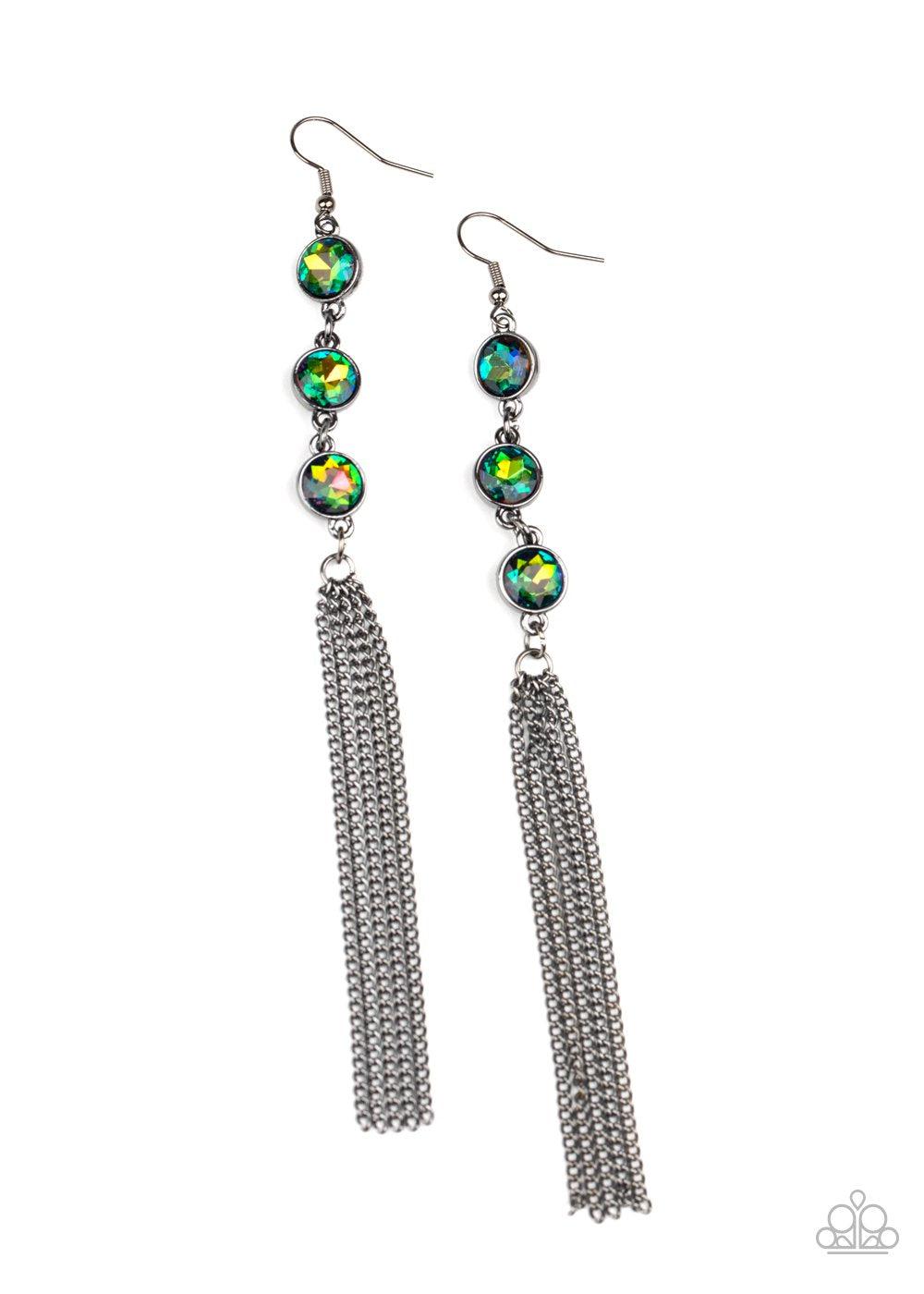 Moved To TIERS Multi-color &quot;Oil Spill&quot; Rhinestone and Gunmetal Tassel Earrings - Paparazzi Accessories Life of the Party Exclusive November 2020-CarasShop.com - $5 Jewelry by Cara Jewels