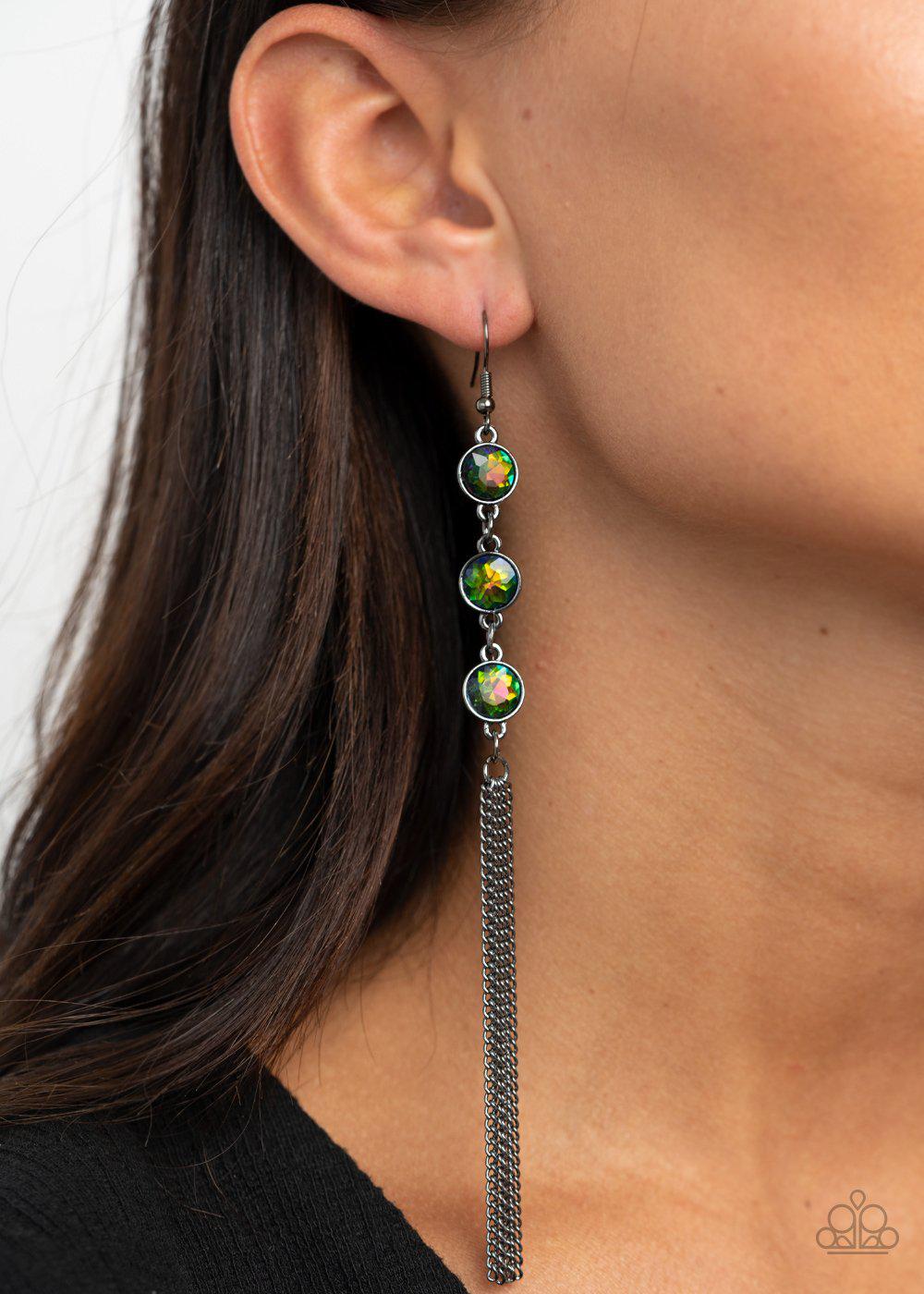 Moved To TIERS Multi-color &quot;Oil Spill&quot; Rhinestone and Gunmetal Tassel Earrings - Paparazzi Accessories Life of the Party Exclusive November 2020-CarasShop.com - $5 Jewelry by Cara Jewels