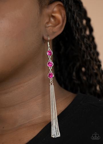 Moved To TIERS Pink Rhinestone Tassel Earrings - Paparazzi Accessories - model -CarasShop.com - $5 Jewelry by Cara Jewels