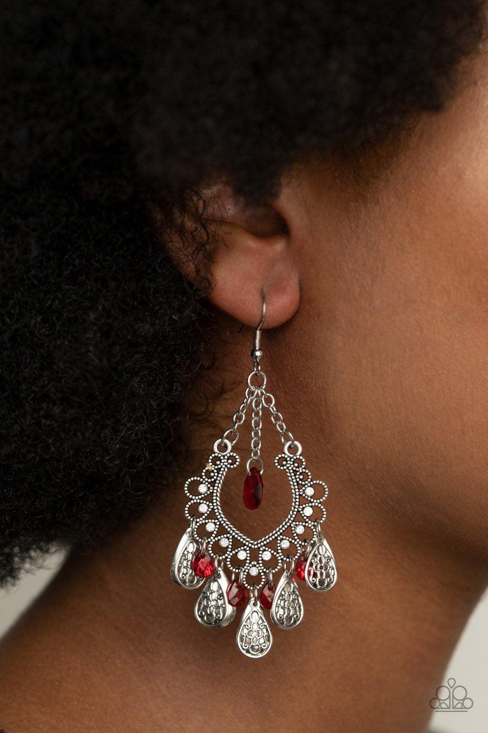Musical Gardens Red and Silver Earrings - Paparazzi Accessories - model -CarasShop.com - $5 Jewelry by Cara Jewels