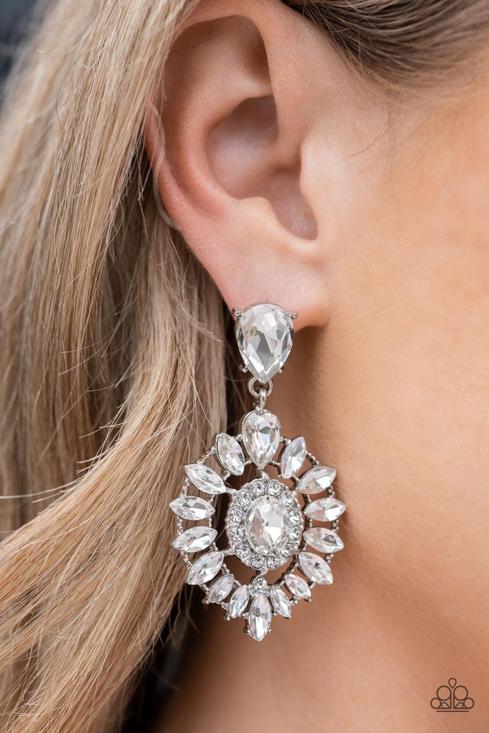 My Good LUXE Charm White Rhinestone Earrings - Paparazzi Accessories-on model - CarasShop.com - $5 Jewelry by Cara Jewels