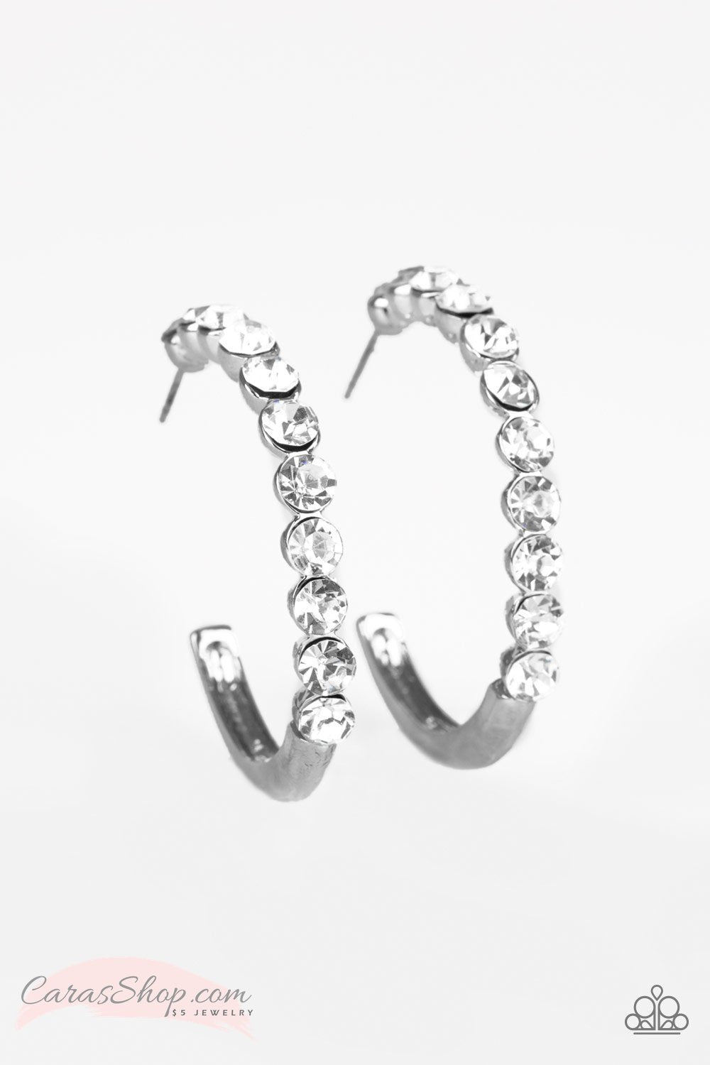 My Kind Of Shine White Rhinestone Hoop Earrings - Paparazzi Accessories-CarasShop.com - $5 Jewelry by Cara Jewels