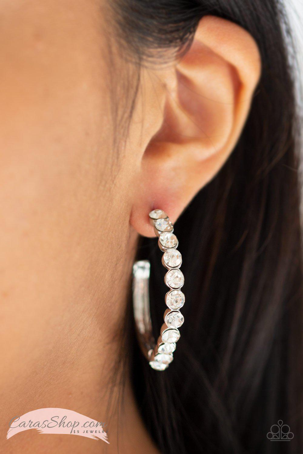 My Kind Of Shine White Rhinestone Hoop Earrings - Paparazzi Accessories-CarasShop.com - $5 Jewelry by Cara Jewels
