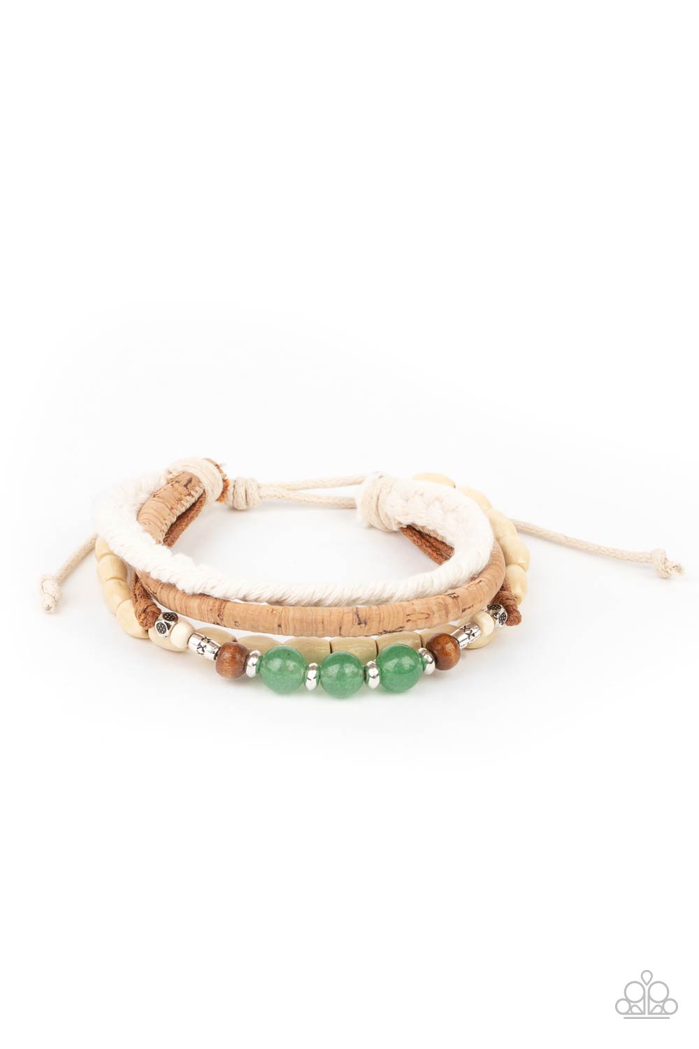 Natural-Born Navigator Jade Green Stone, Cork, Thread and Wood Urban Knot Bracelet - Paparazzi Accessories- lightbox - CarasShop.com - $5 Jewelry by Cara Jewels