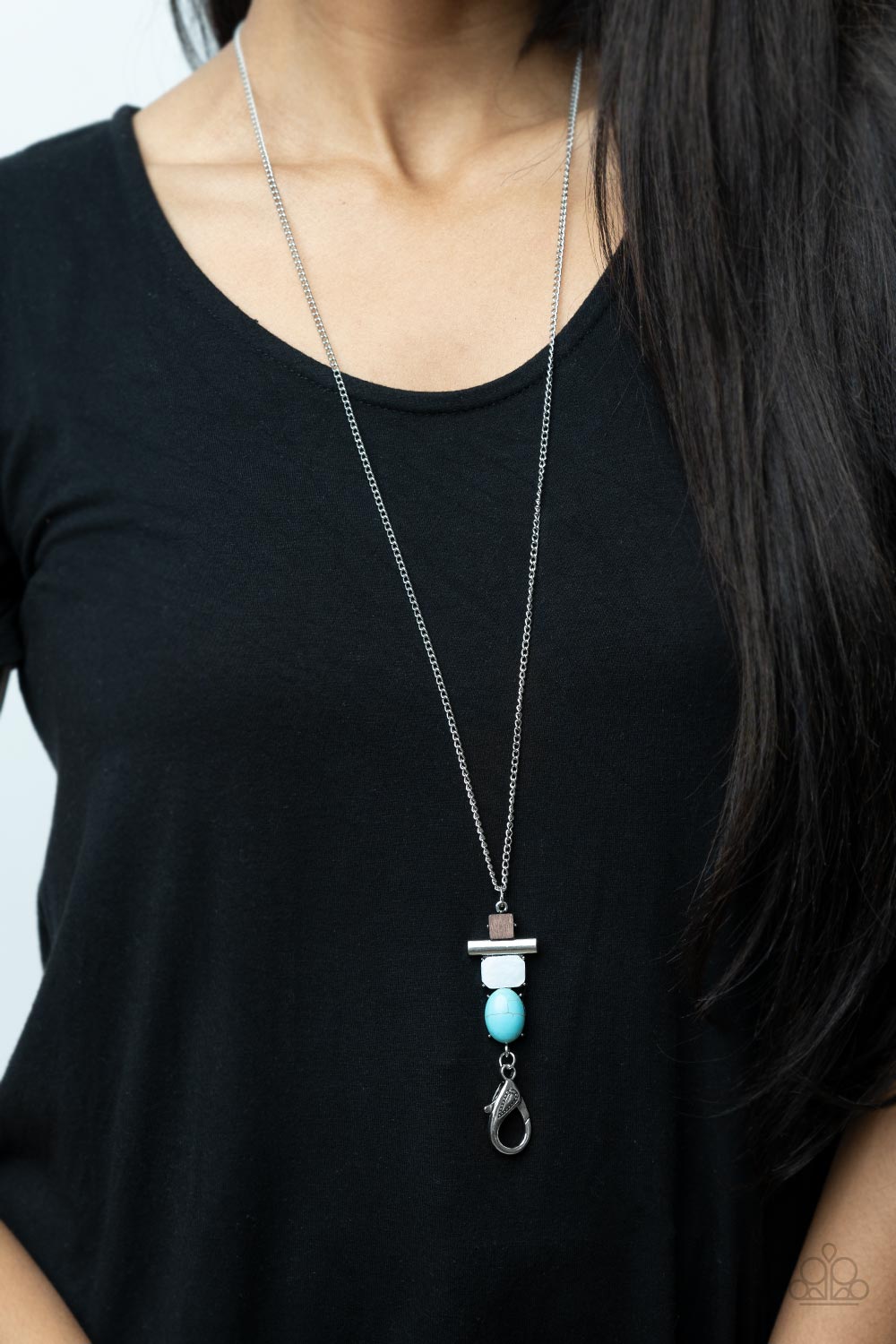 Natural Novice Turquoise Blue Stone and Wood Lanyard Necklace - Paparazzi Accessories- model - CarasShop.com - $5 Jewelry by Cara Jewels