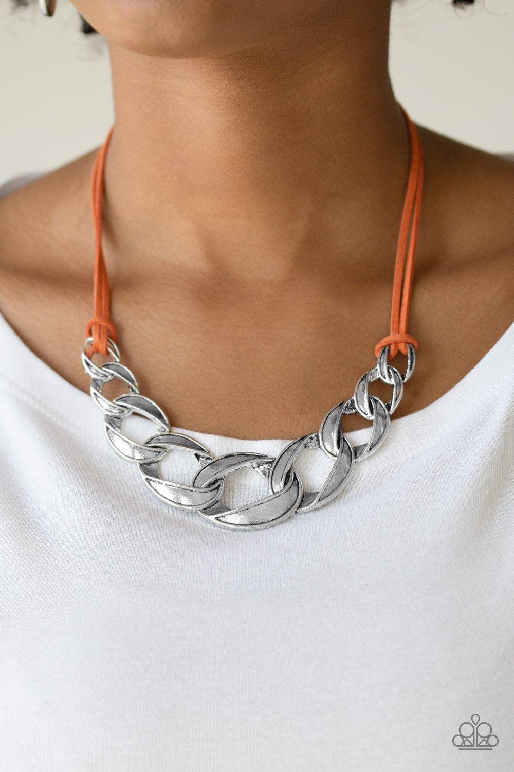Naturally Nautical Orange Suede and Silver Chain Necklace - Paparazzi Accessories-CarasShop.com - $5 Jewelry by Cara Jewels