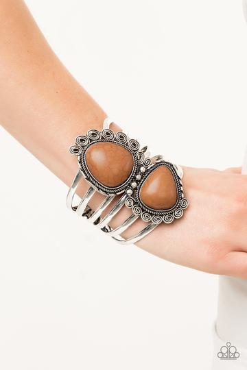 Nature Bound Silver and Brown Stone Hinged Bracelet - Paparazzi Accessories-CarasShop.com - $5 Jewelry by Cara Jewels