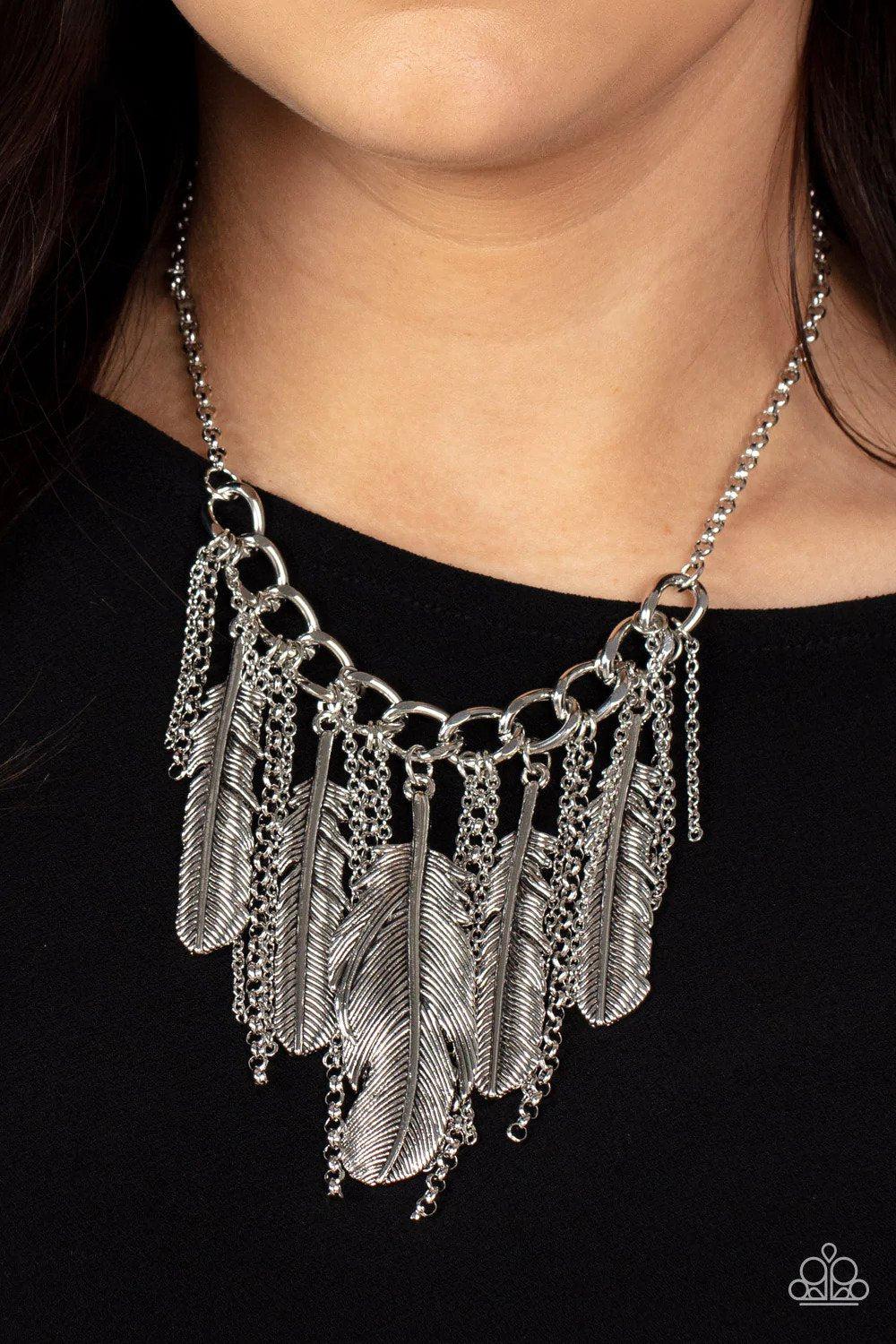 NEST Friends Forever Silver Feather Necklace - Paparazzi Accessories- on model - CarasShop.com - $5 Jewelry by Cara Jewels