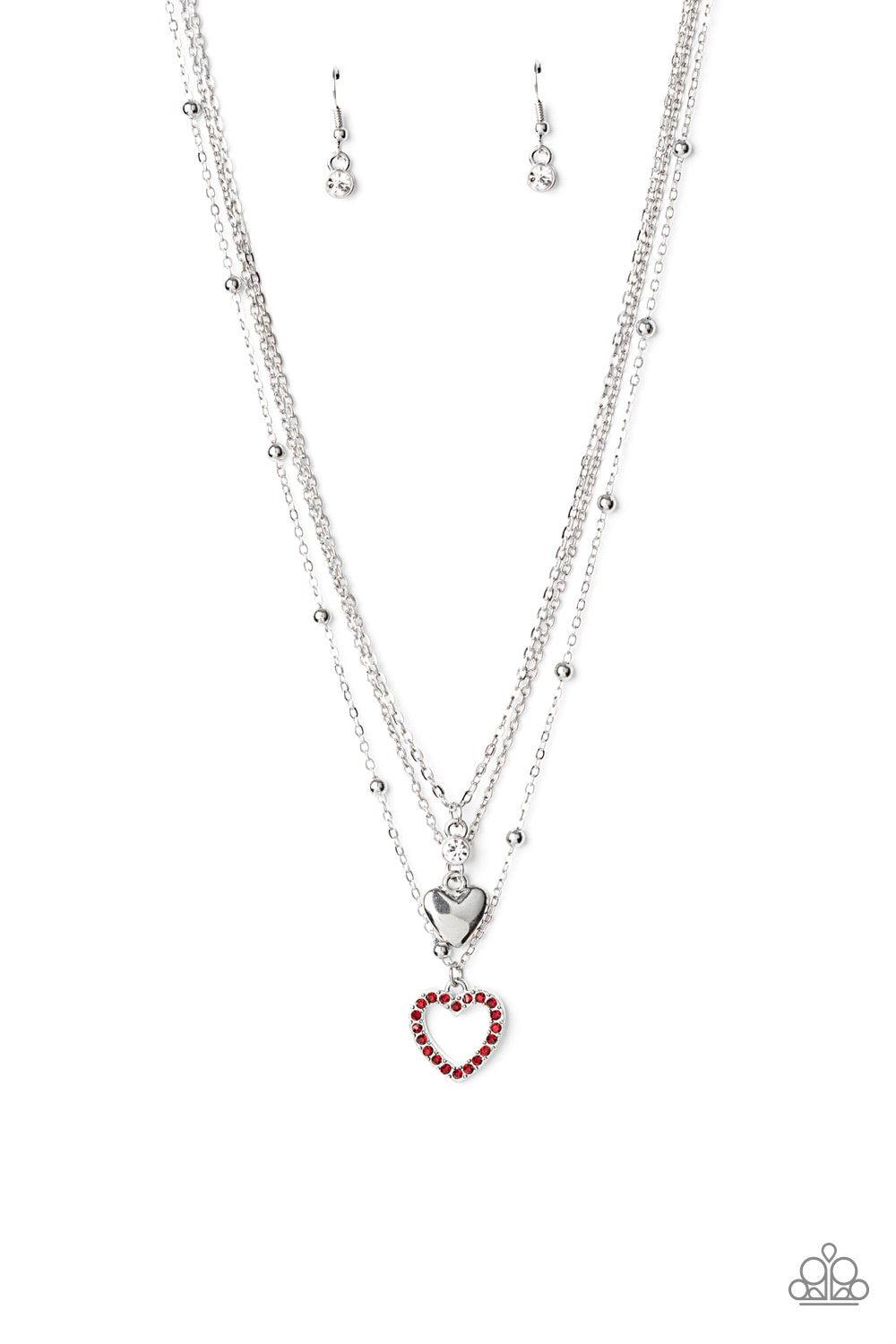 Never Miss a Beat Red Rhinestone and Silver Heart Necklace - Paparazzi Accessories - lightbox -CarasShop.com - $5 Jewelry by Cara Jewels