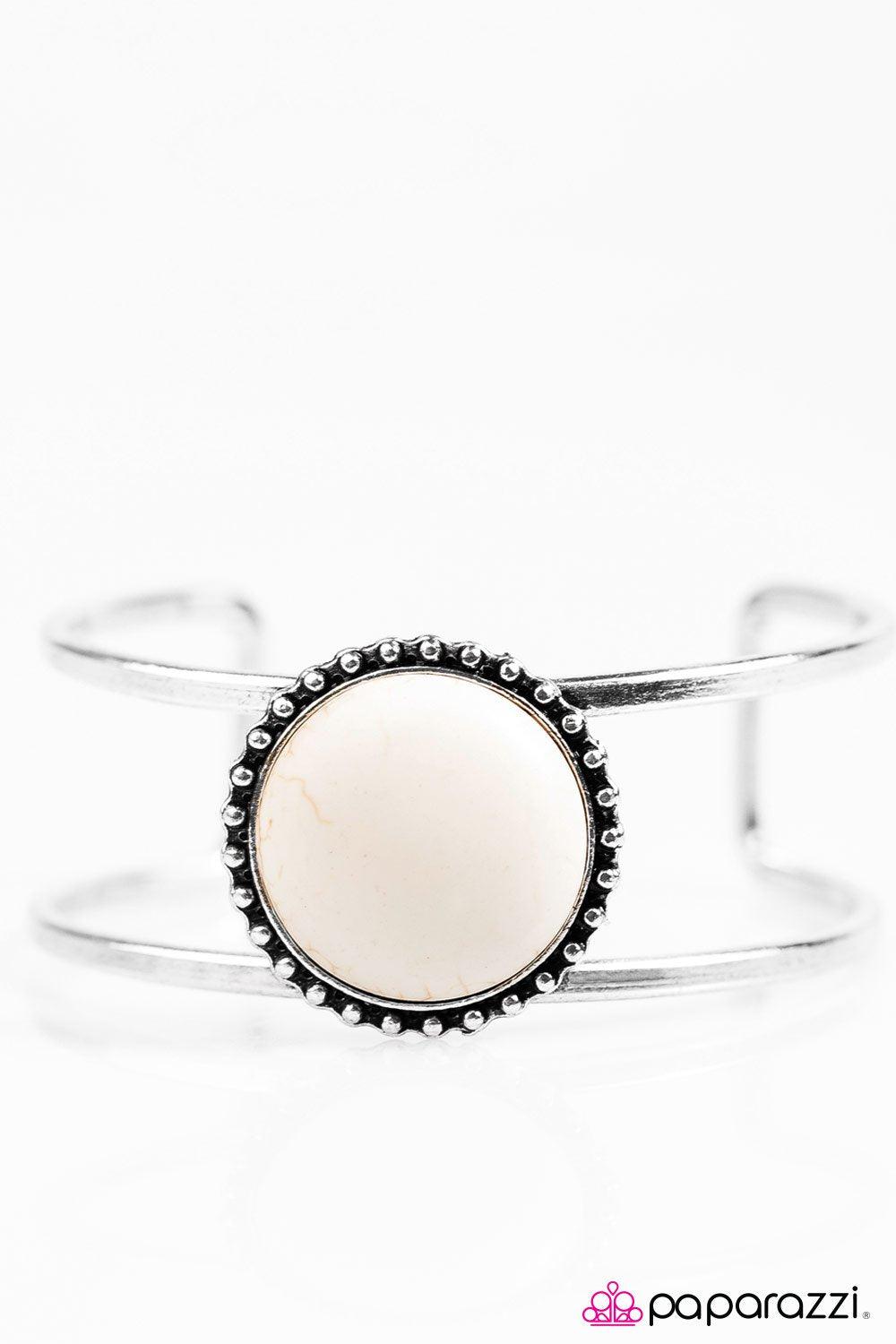 New Horizons White Stone and Silver Cuff Bracelet - Paparazzi Accessories-CarasShop.com - $5 Jewelry by Cara Jewels