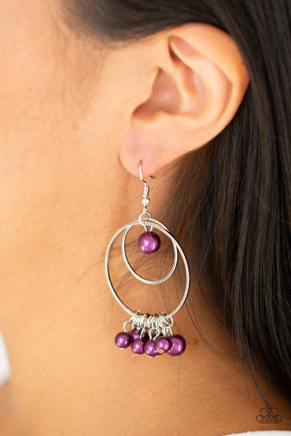 New York Attraction Purple Pearl Earrings - Paparazzi Accessories - model -CarasShop.com - $5 Jewelry by Cara Jewels