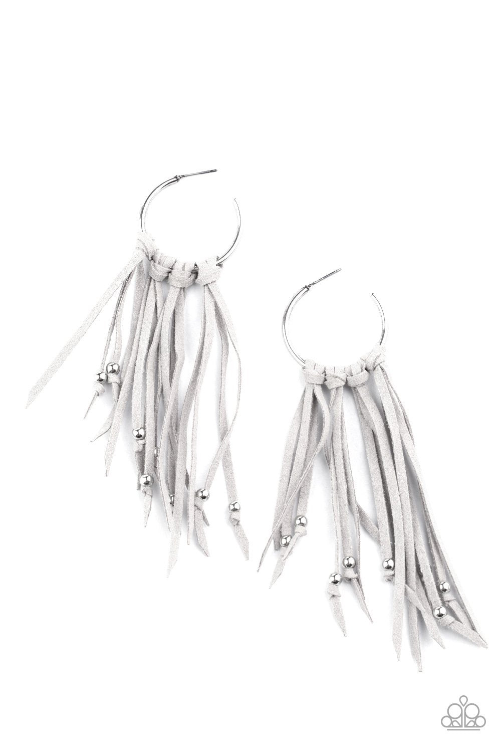 No Place Like HOMESPUN Silver Suede Tassel Hoop Earrings - Paparazzi Accessories - lightbox -CarasShop.com - $5 Jewelry by Cara Jewels