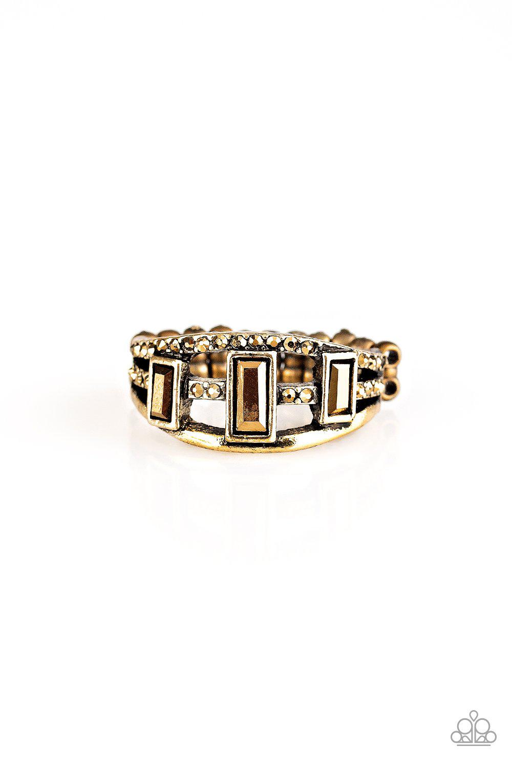 Noble Nova Brass Aurum Rhinestone Ring - Paparazzi Accessories-CarasShop.com - $5 Jewelry by Cara Jewels