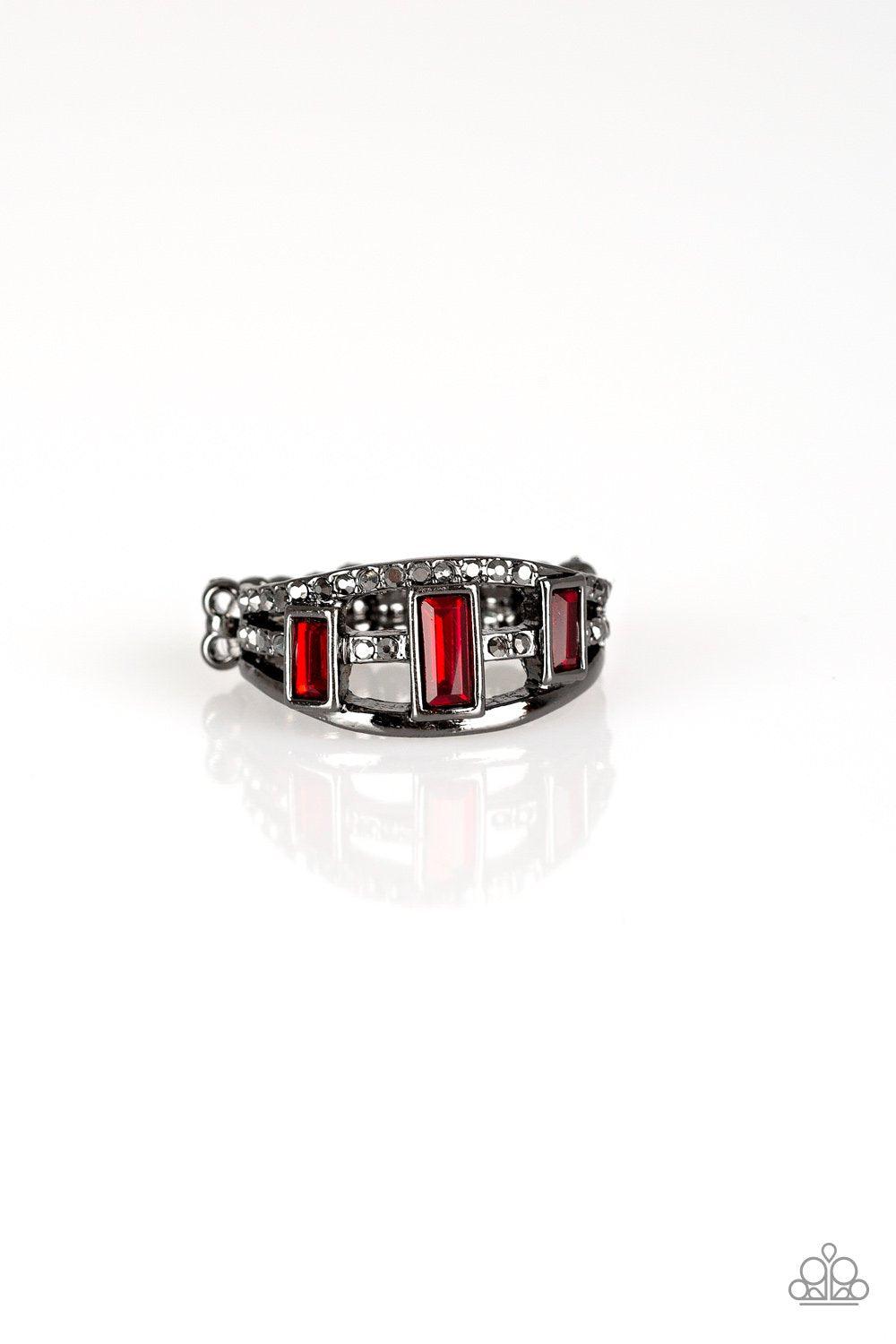 Noble Nova Red and Hematite Rhinestone Ring - Paparazzi Accessories-CarasShop.com - $5 Jewelry by Cara Jewels